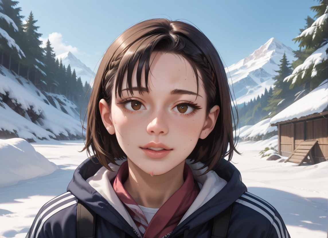 1girl, solo, brown hair, brown eyes, snow, braid