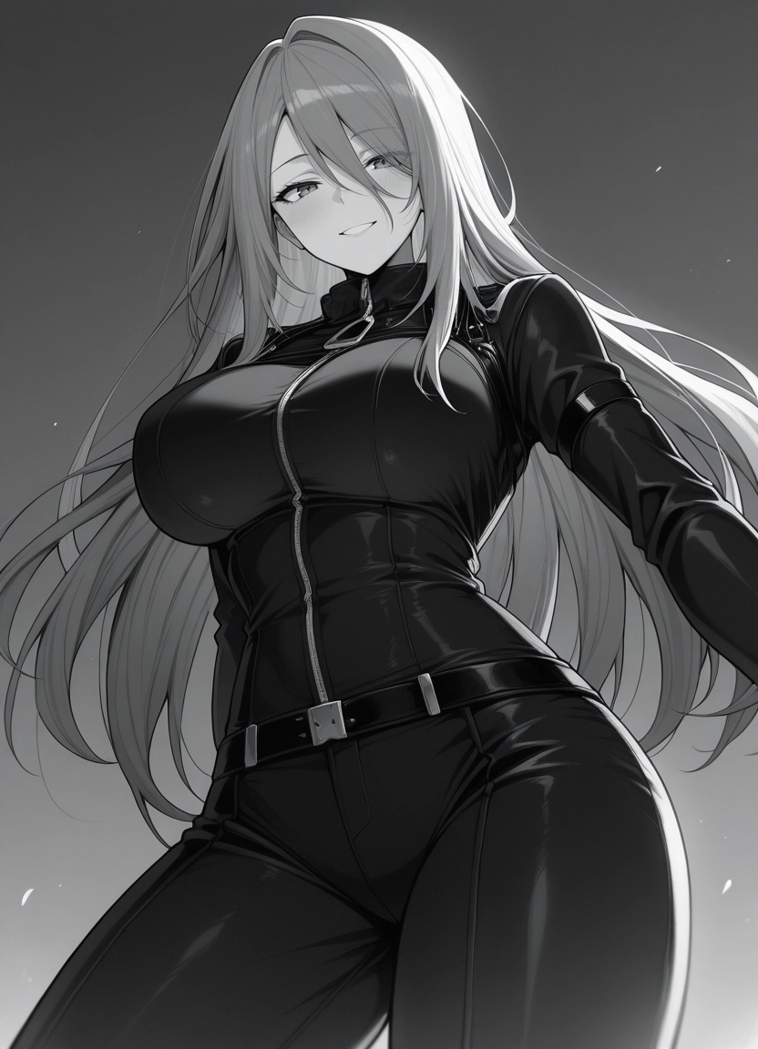 1girl, breasts, solo, long hair, large breasts, monochrome