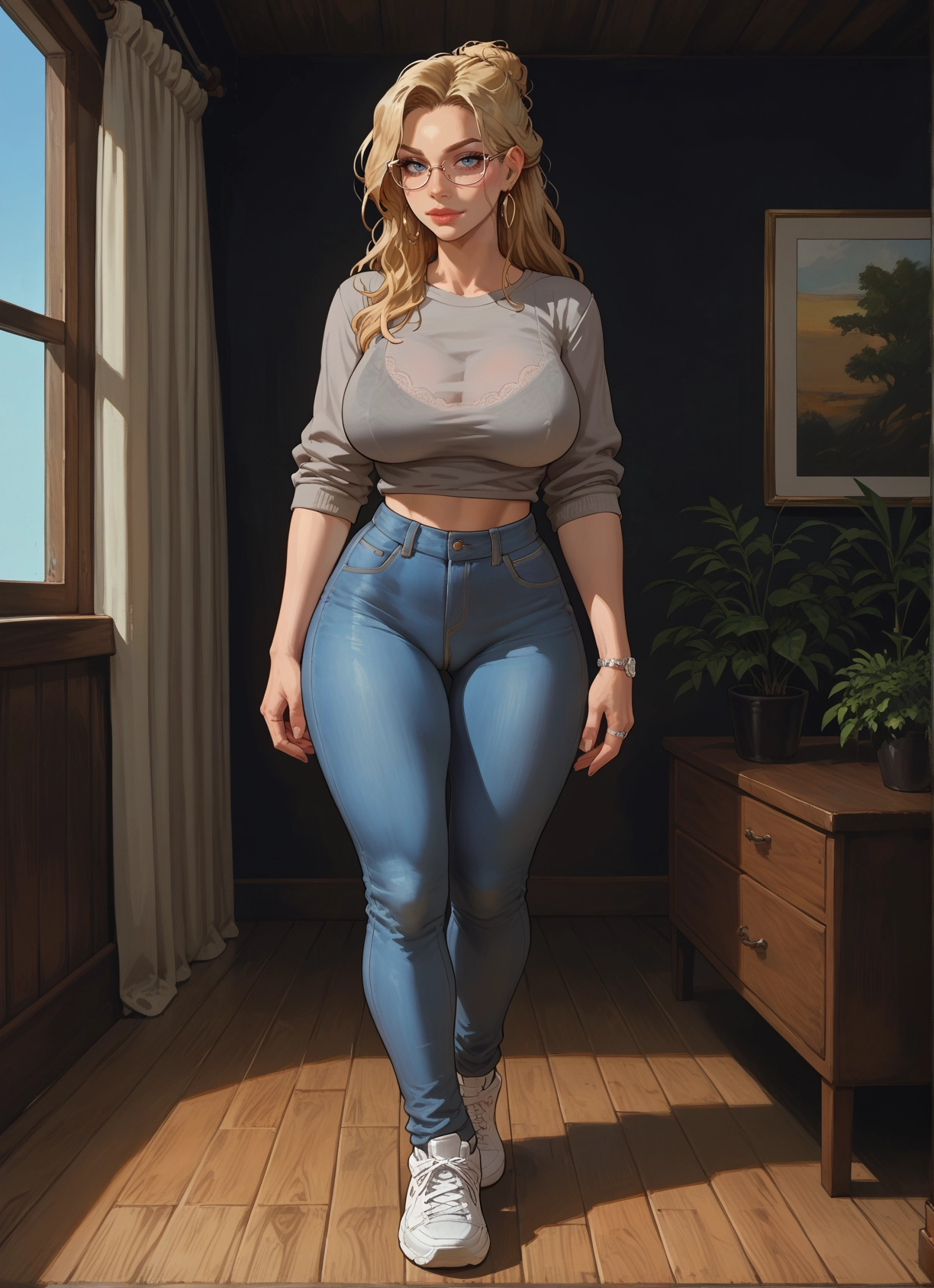 1girl, breasts, blonde hair, pants, jewelry, glasses · Yamete.gg