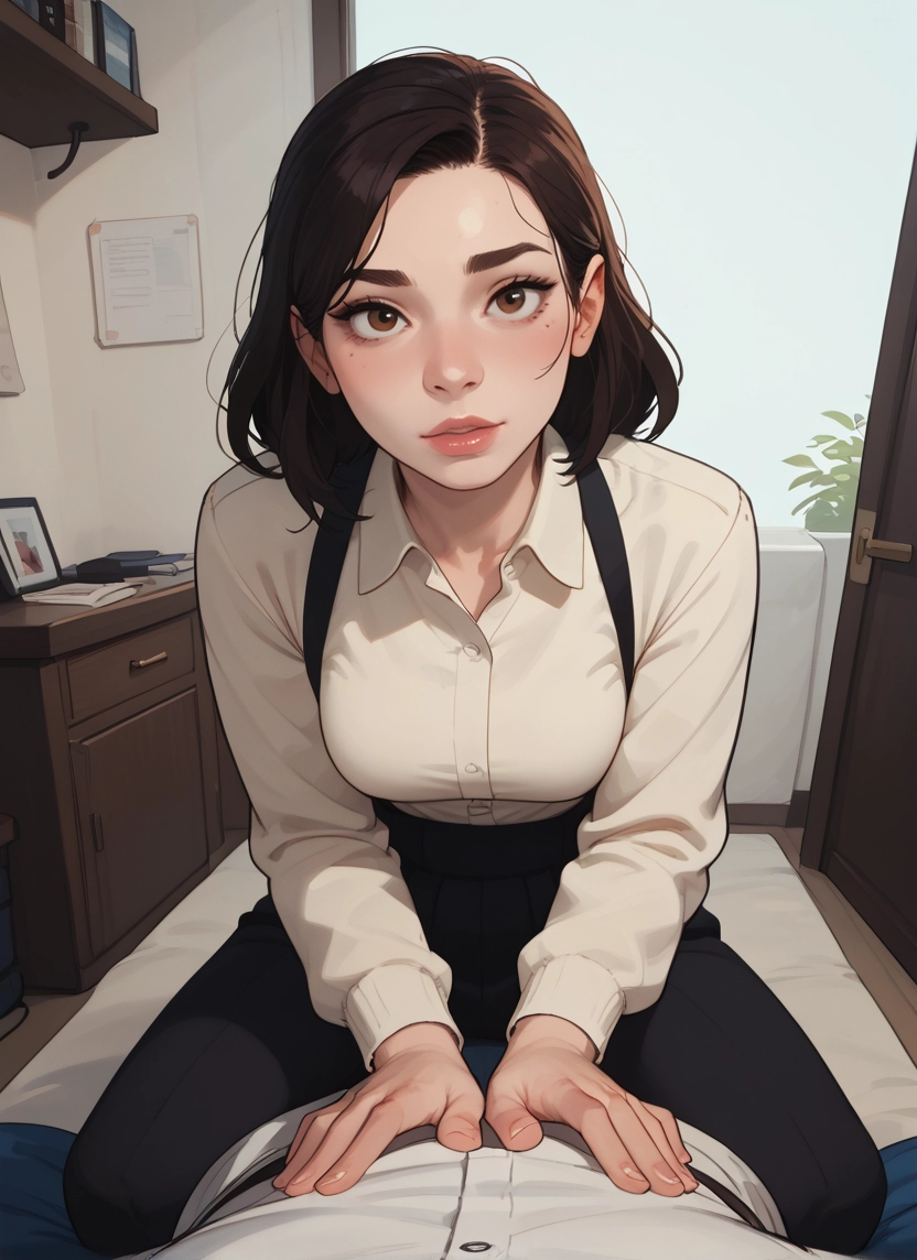 1girl, pov, shirt, brown eyes, looking at viewer, brown hair