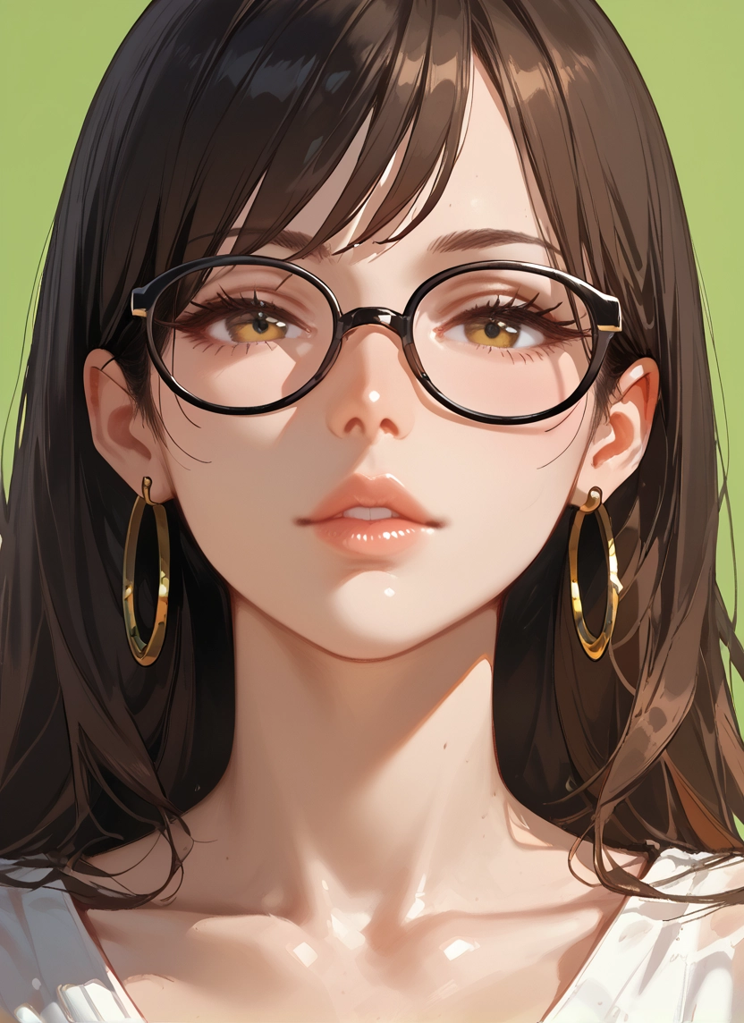 1girl, solo, jewelry, earrings, glasses, brown hair · Yamete.gg