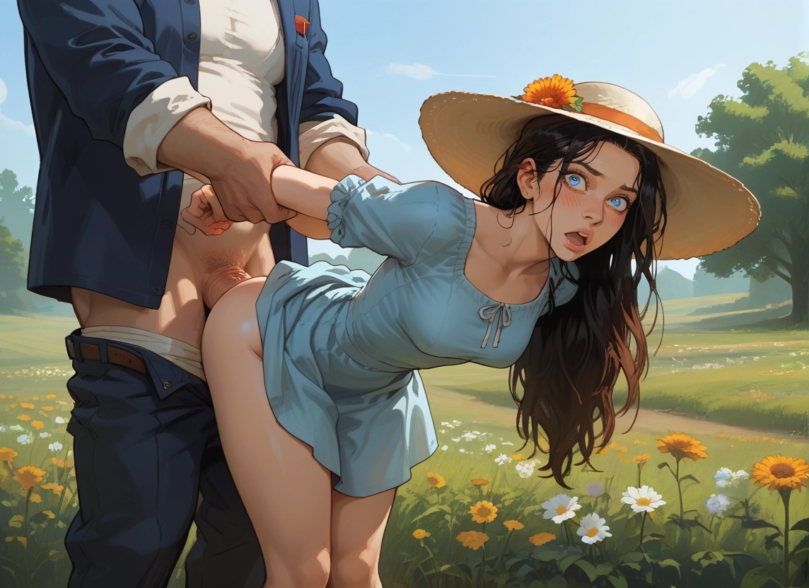 1girl, 1boy, hat, outdoors, flower, long hair · Yamete.gg
