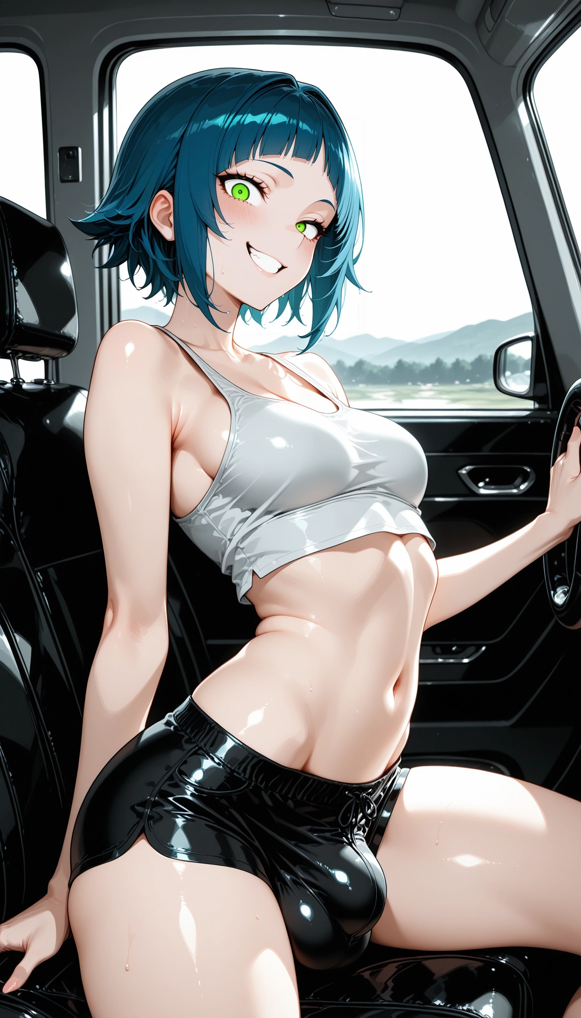 futanari, green eyes, smile, breasts, ground vehicle, navel · Yamete.gg