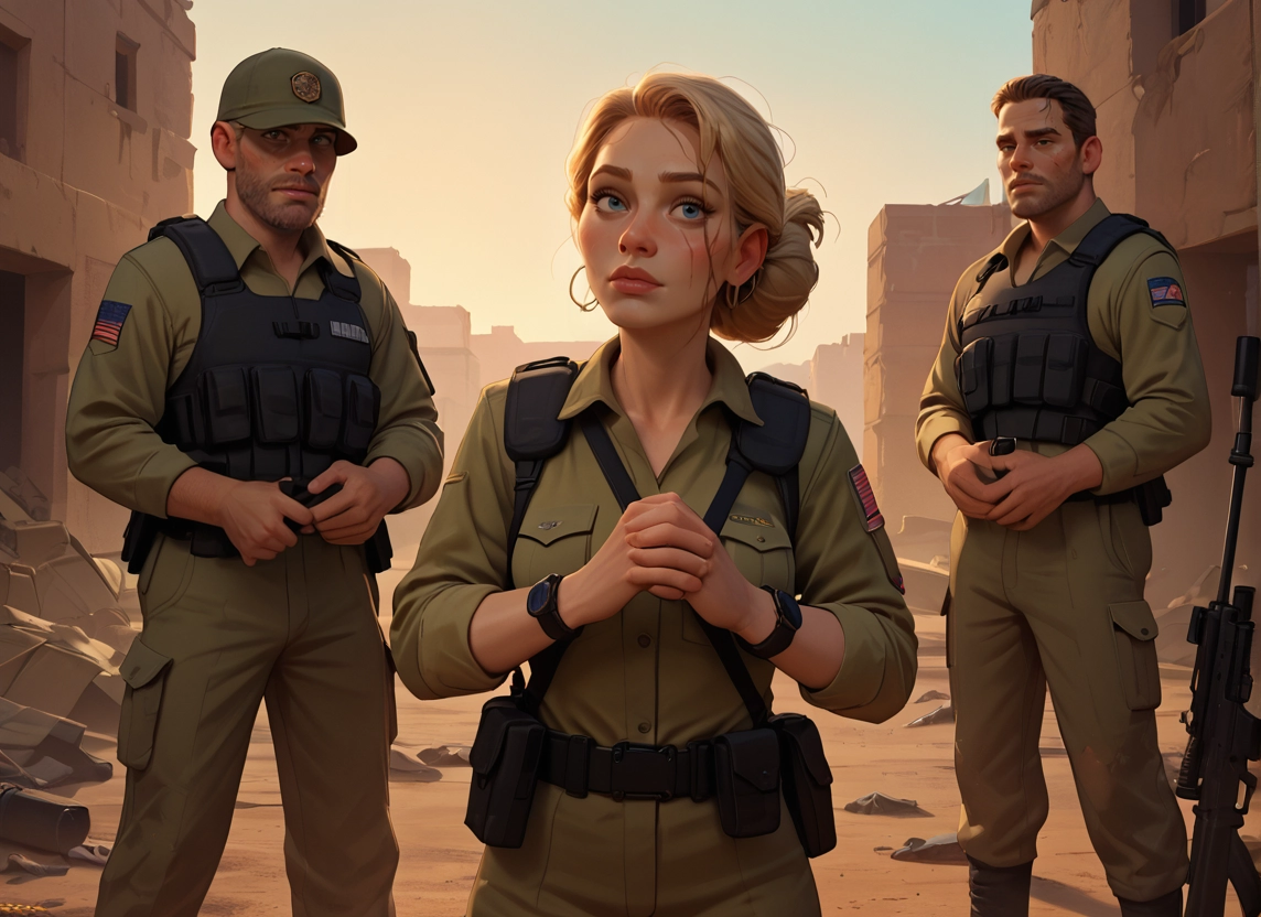 1girl, gun, multiple boys, 2boys, rifle, weapon