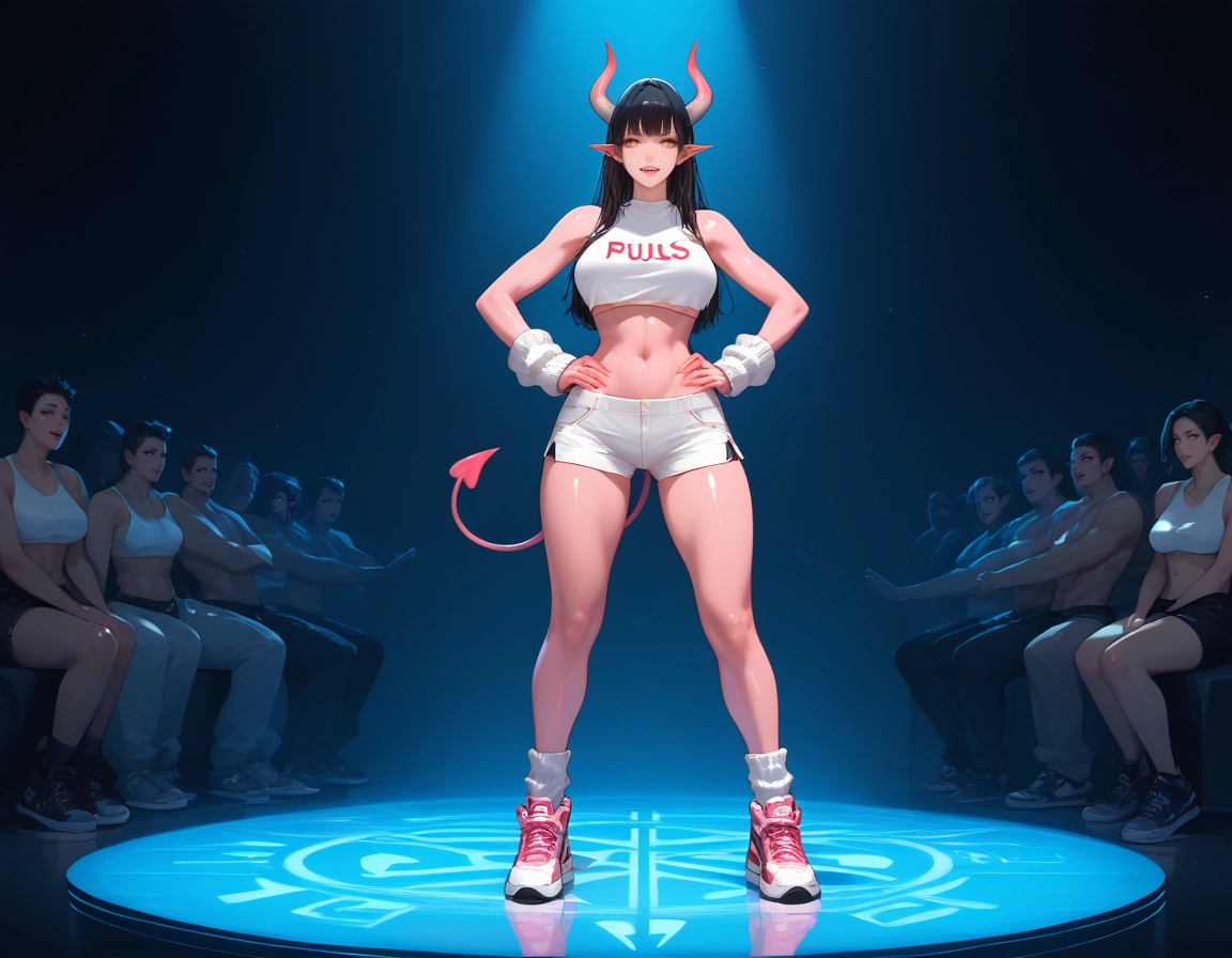 horns, demon girl, demon tail, breasts, tail, black hair · Yamete.gg