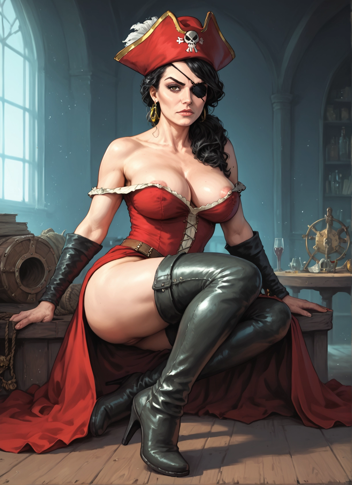 1girl, breasts, thighhighs, eyepatch, boots, hat · Yamete.gg