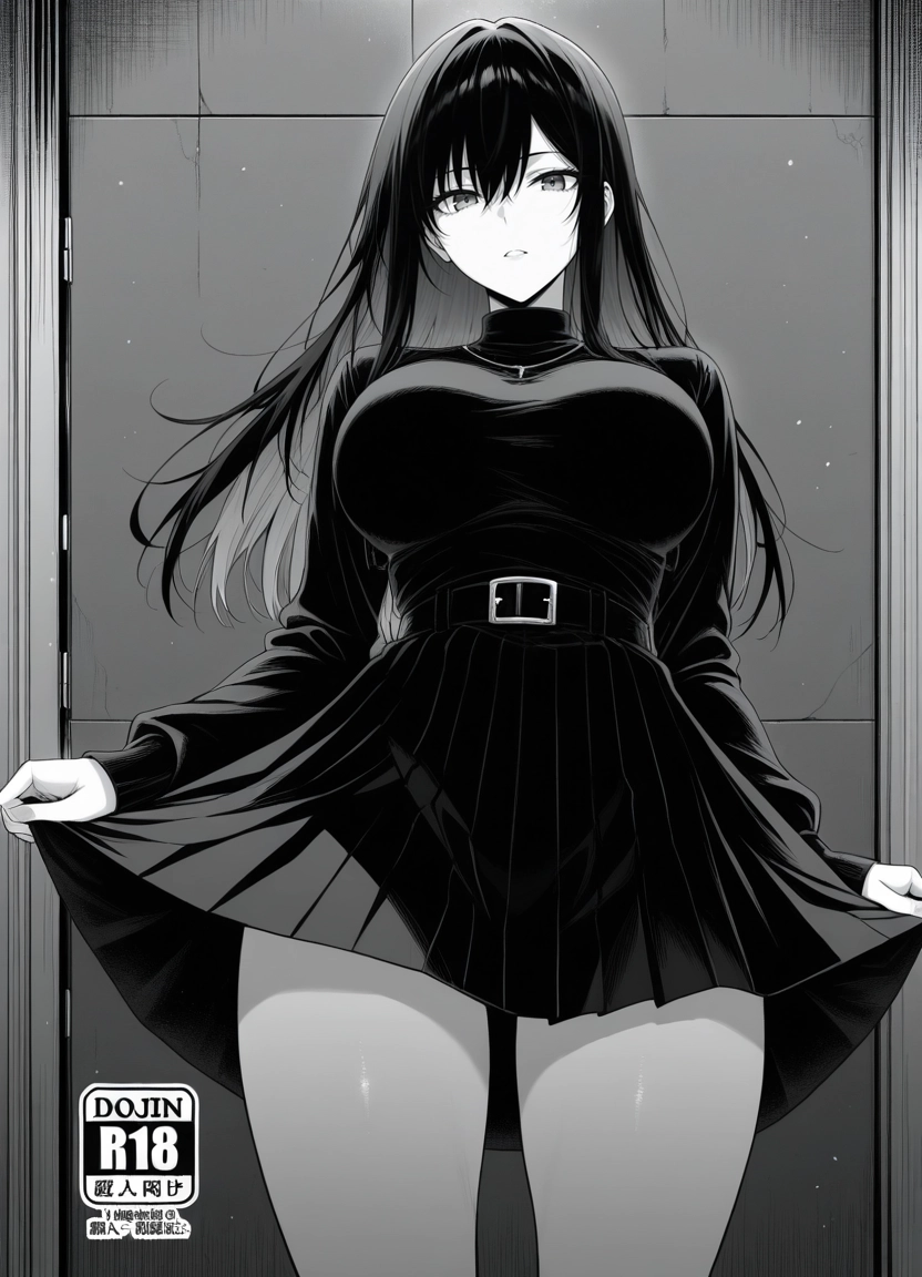 1girl, greyscale, skirt, monochrome, solo, breasts