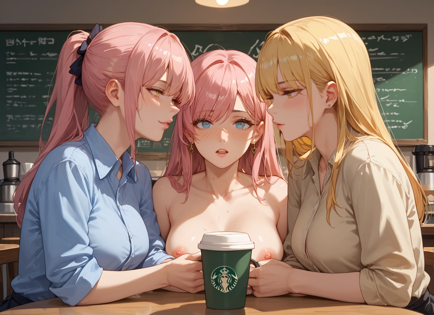 breasts, multiple girls, 3girls, shirt, nipples, pink hair · Yamete.gg