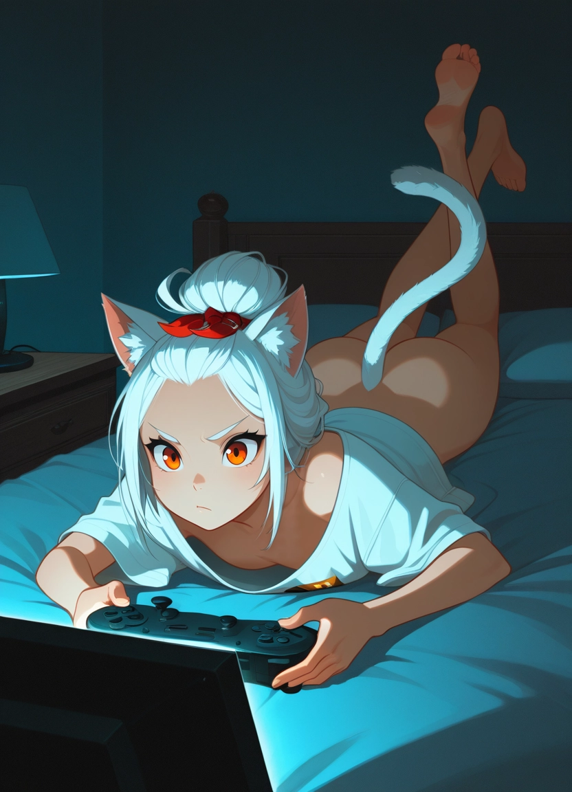 1girl, animal ears, lying, on stomach, solo, barefoot · Yamete.gg
