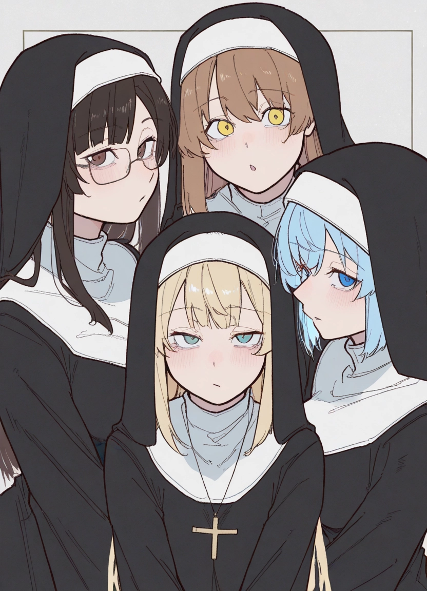 multiple girls, nun, blonde hair, brown hair, glasses, habit · Yamete.gg