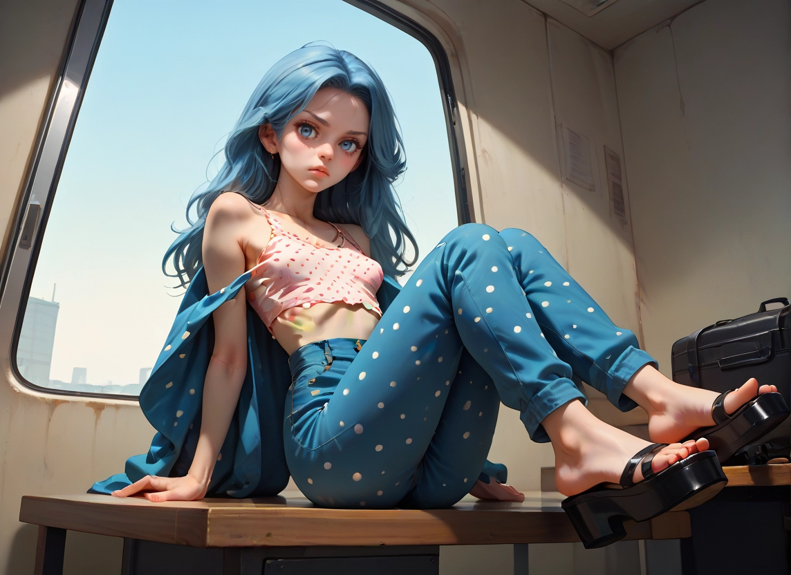 1girl, solo, blue eyes, pants, long hair, sitting · Yamete.gg