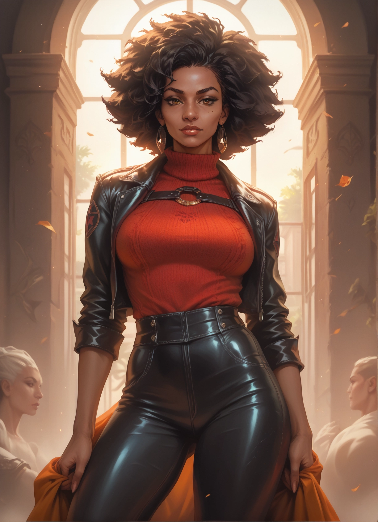 jewelry, breasts, earrings, jacket, 1girl, pants · Yamete.gg