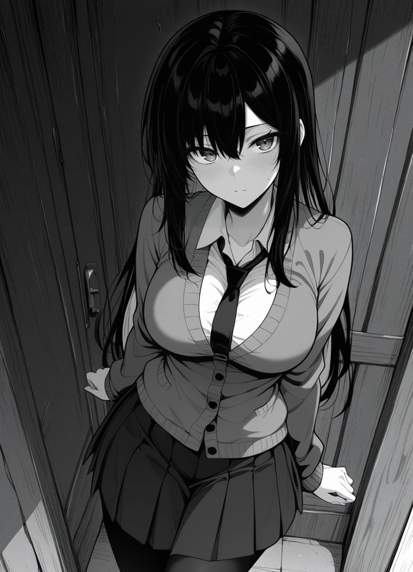 1girl, greyscale, monochrome, long hair, solo, breasts