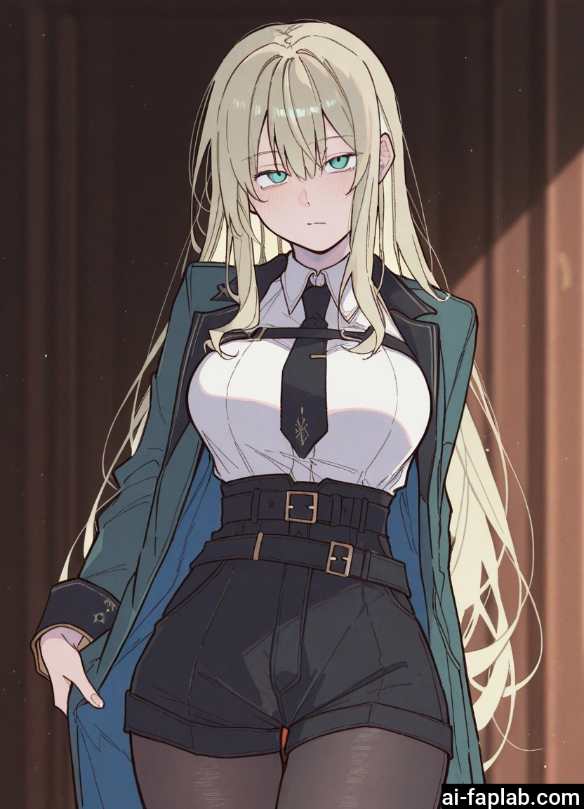 1girl, pantyhose, long hair, solo, necktie, shorts
