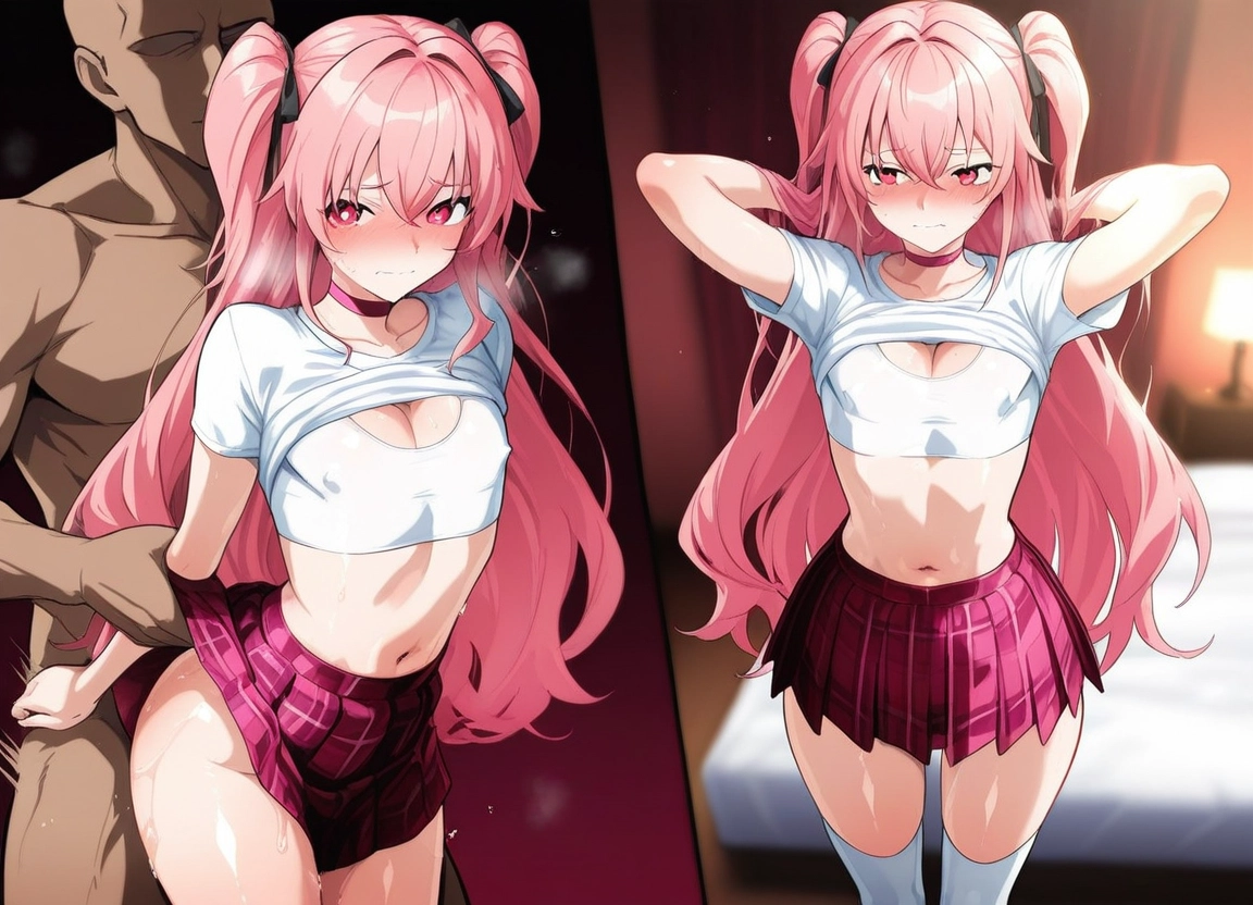 skirt, pink hair, sex, navel, long hair, thighhighs · Yamete.gg