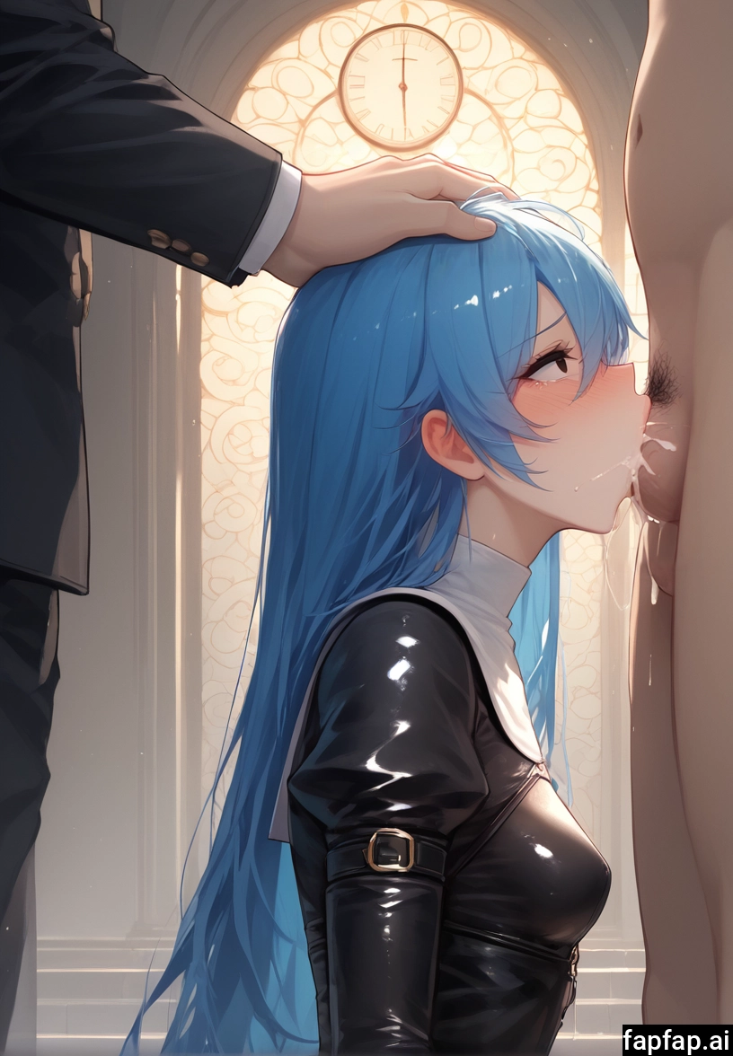1girl, hetero, blue hair, oral, long hair, fellatio · Yamete.gg