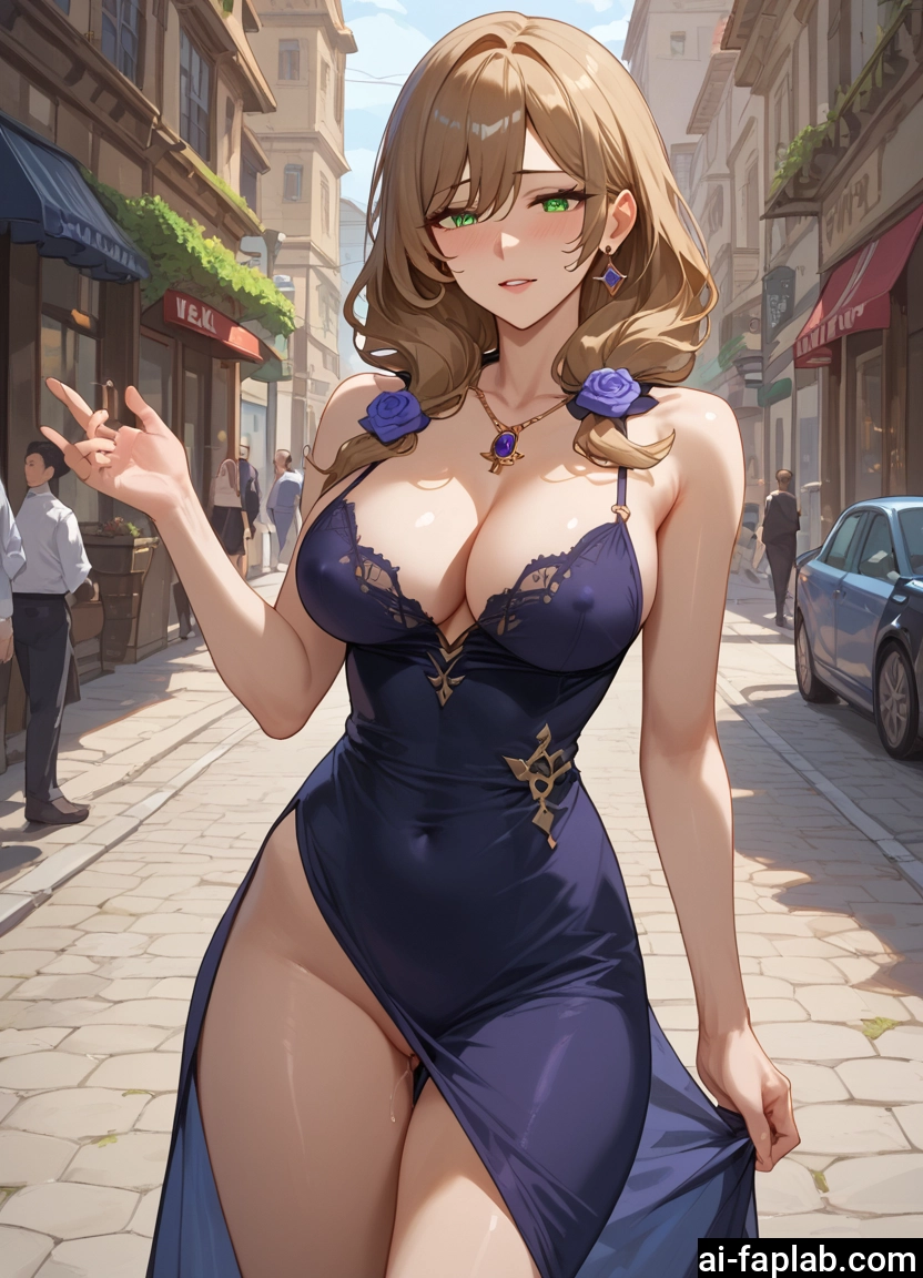 breasts, green eyes, dress, jewelry, large breasts, pussy juice · Yamete.gg