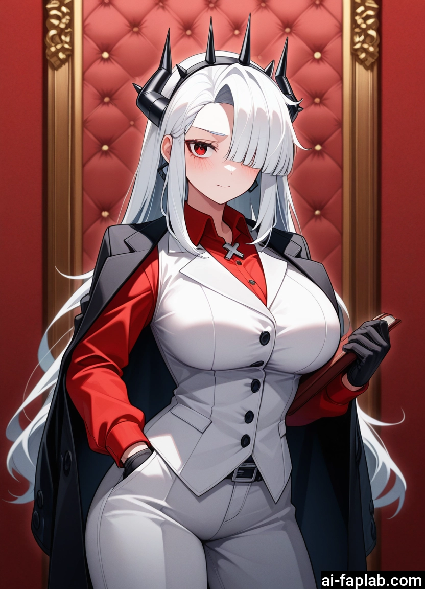 1girl, breasts, horns, gloves, hair over one eye, red eyes