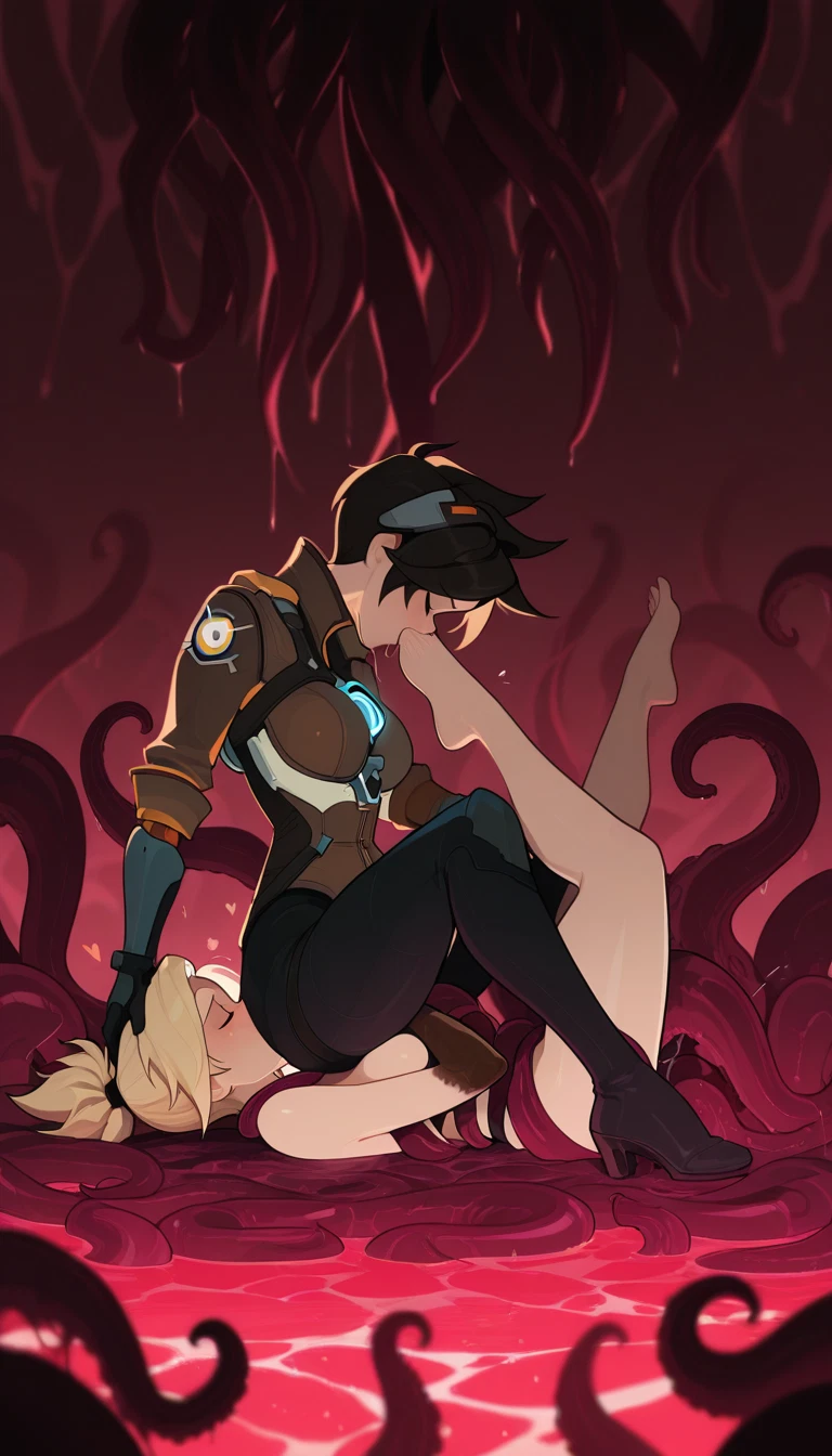 multiple girls, 2girls, tracer (overwatch), yuri, barefoot, tentacles