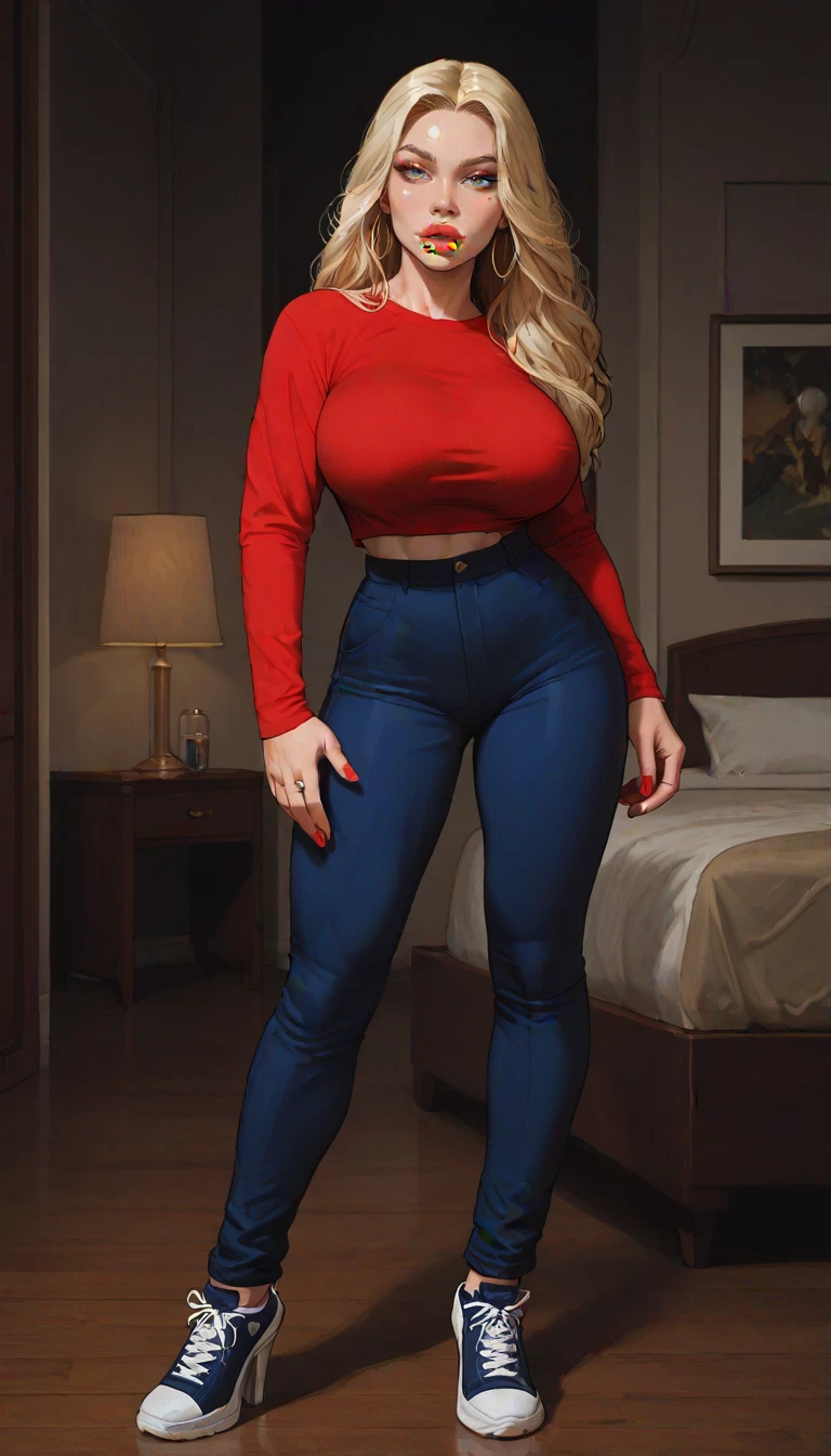 1girl, breasts, hoop earrings, blonde hair, pants, red lips · Yamete.gg