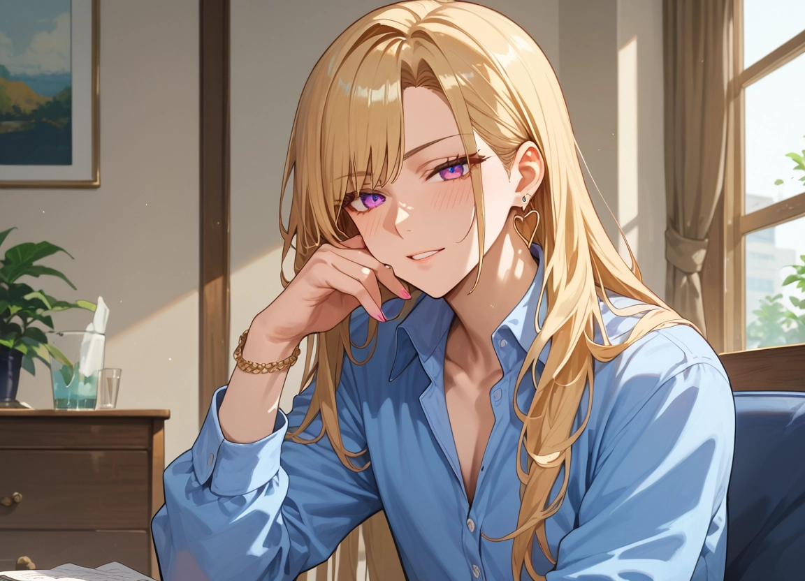 jewelry, blonde hair, long hair, earrings, shirt, solo · Yamete.gg