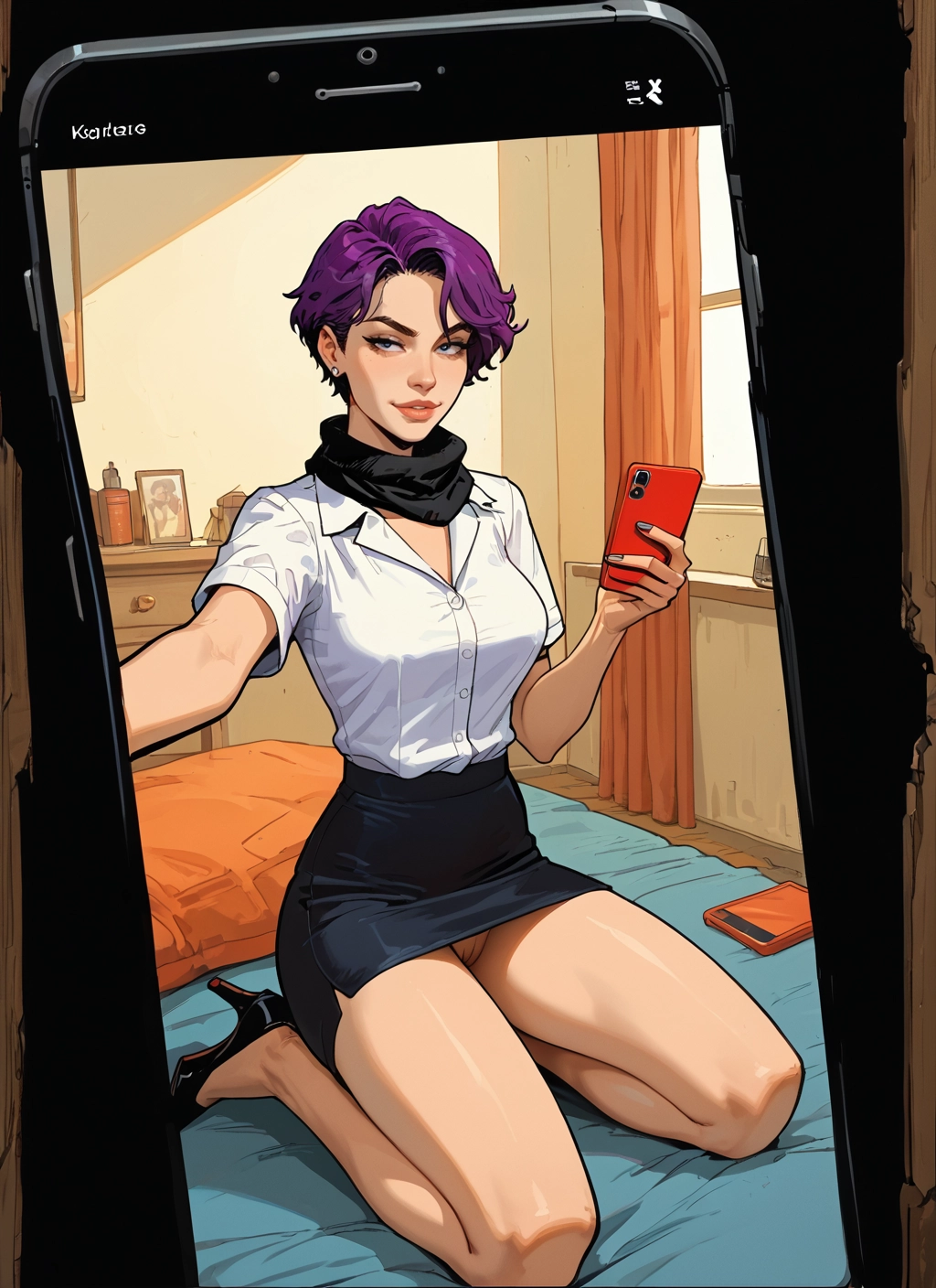1girl, phone, skirt, high heels, purple hair, cellphone · Yamete.gg