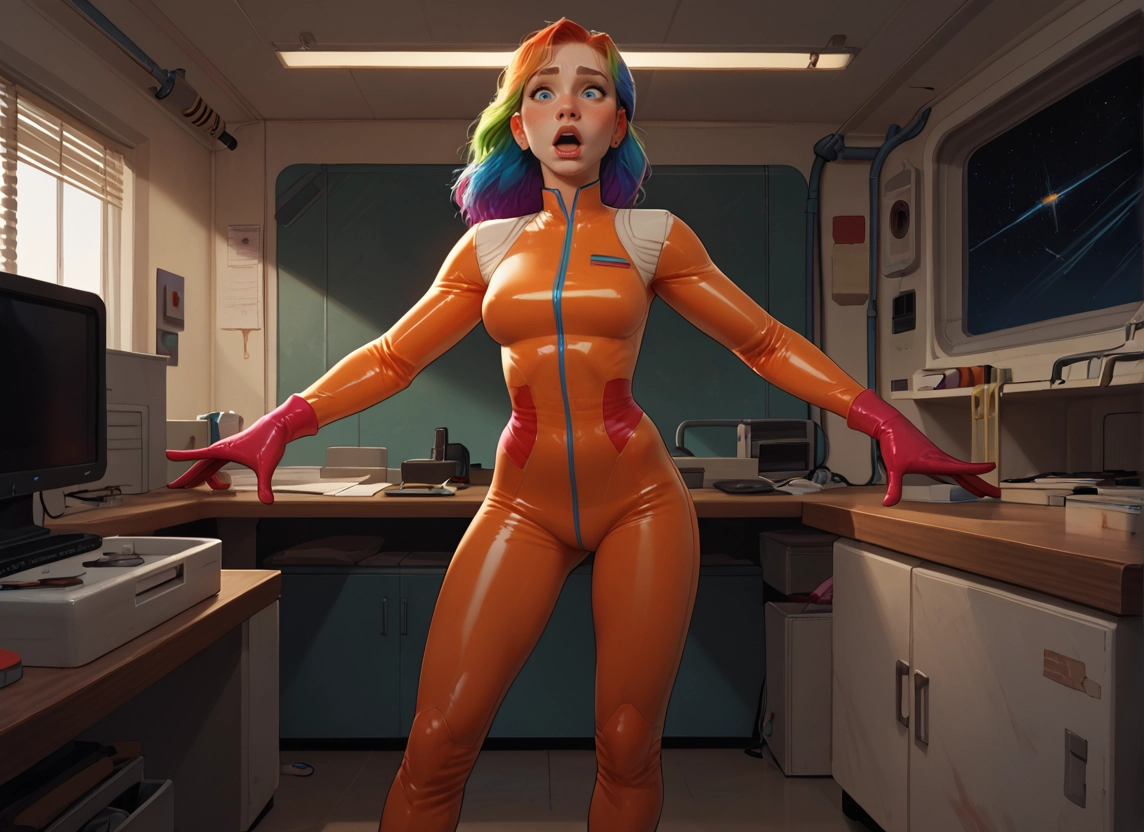1girl, solo, indoors, multicolored hair, gloves, open mouth · Yamete.gg