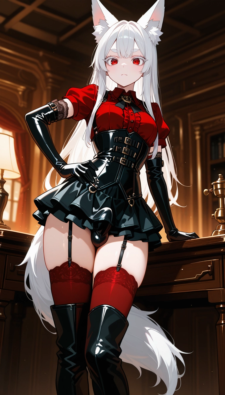 red thighhighs, 1girl, thighhighs, solo, gloves, animal ears · Yamete.gg