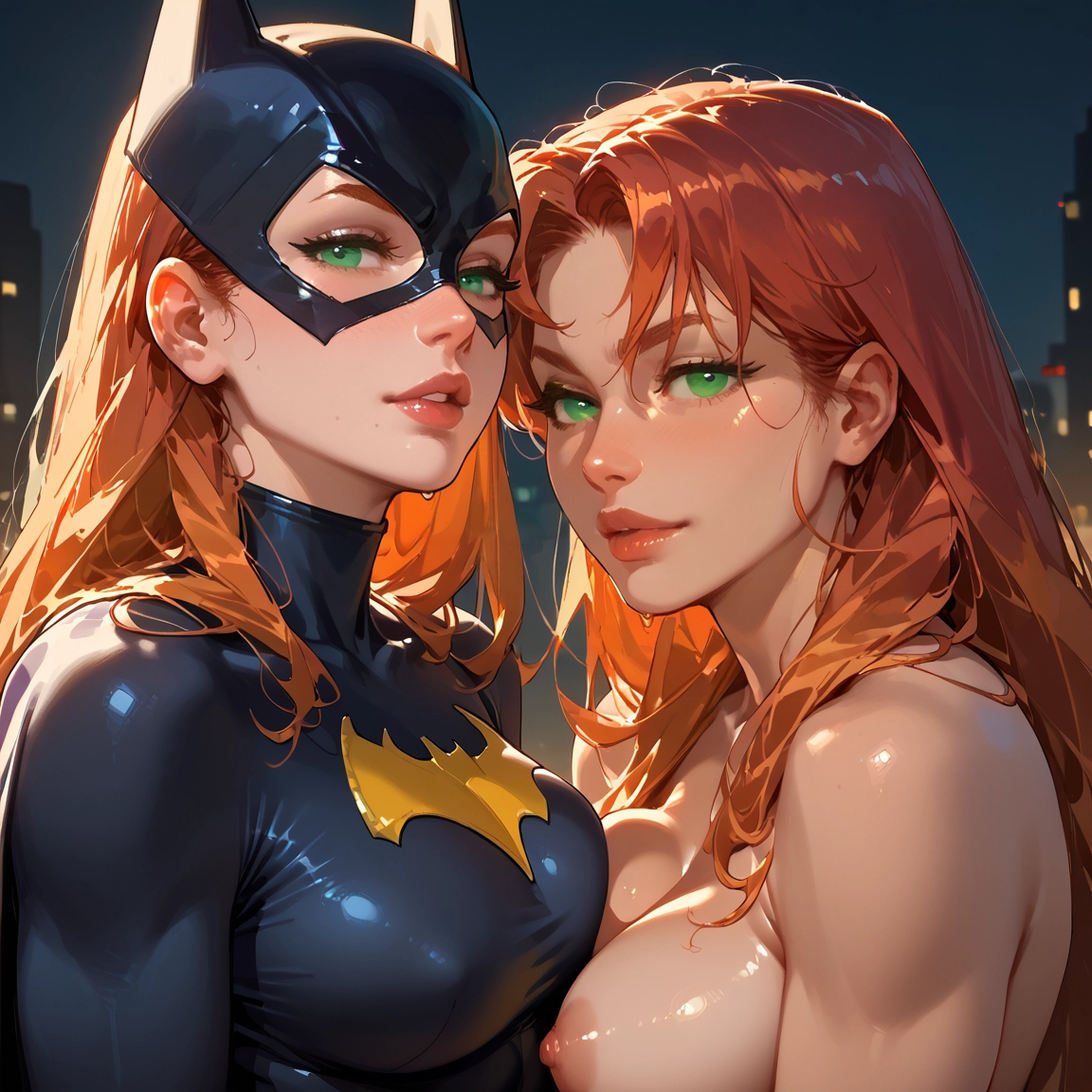 breasts, multiple girls, 2girls, green eyes, nipples, mask · Yamete.gg
