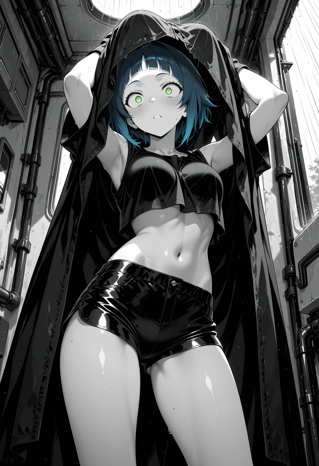1girl, solo, green eyes, shorts, navel, blue hair · Yamete.gg