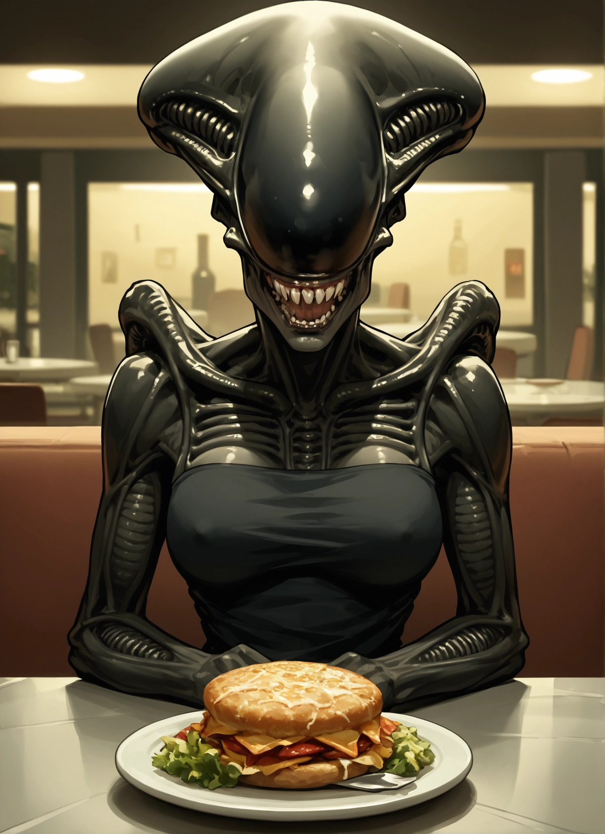 food, 1girl, breasts, solo, teeth, covered nipples · Yamete.gg