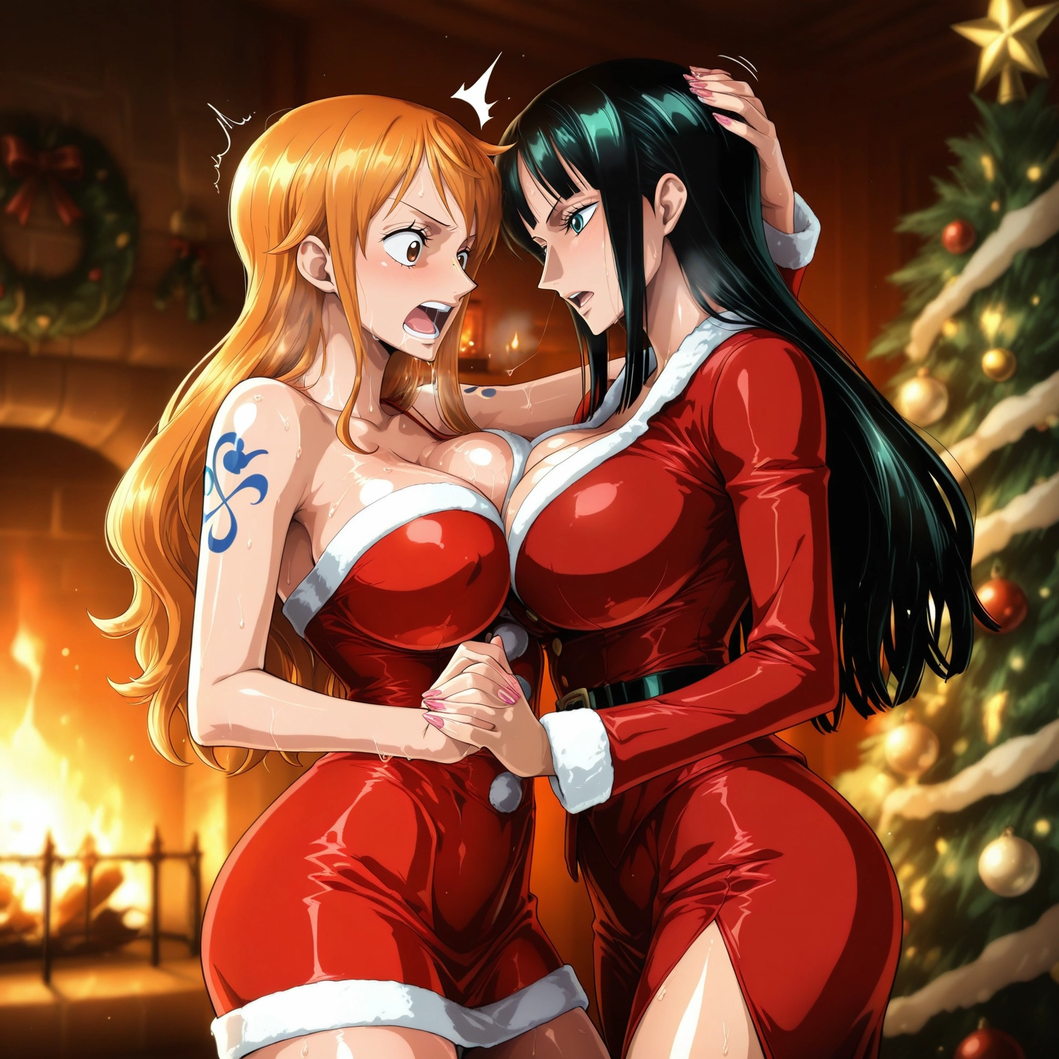 multiple girls, breasts, 2girls, christmas tree, tattoo, long hair · Yamete.gg
