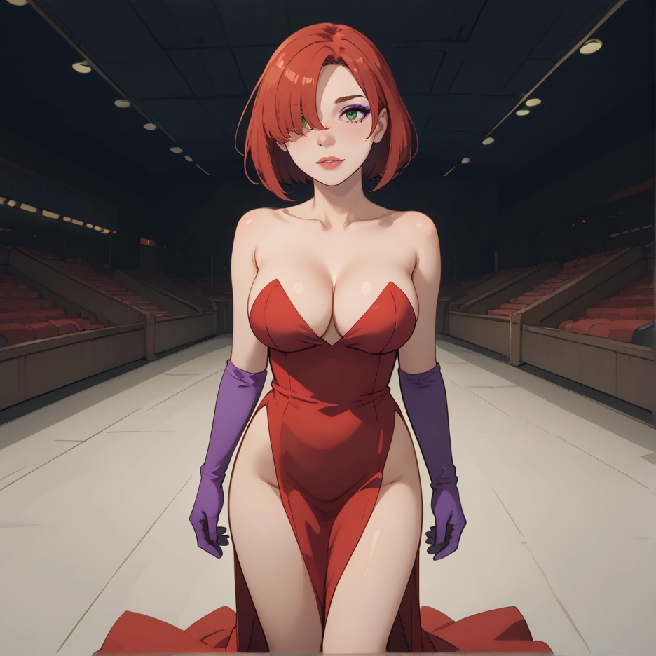 breasts, 1girl, gloves, dress, green eyes, cleavage · Yamete.gg