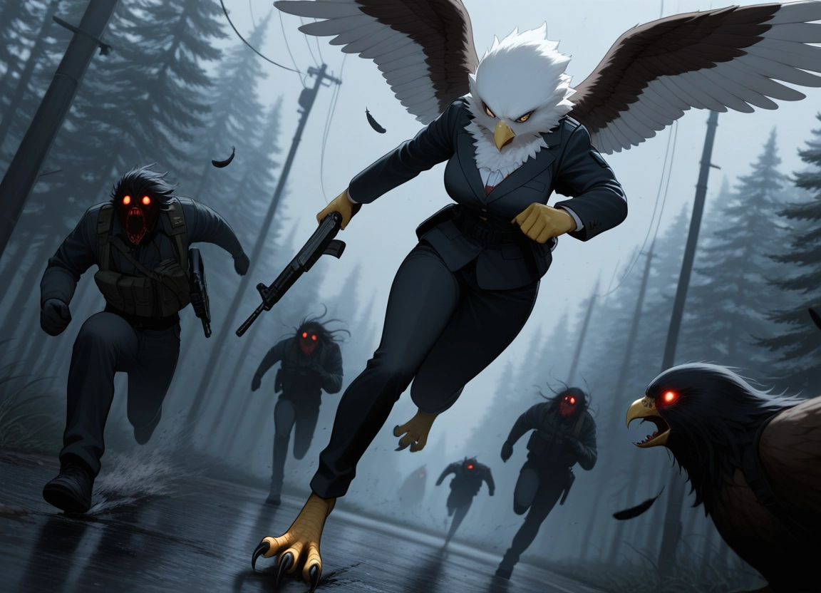 furry, running, feathers, weapon, glowing eyes, forest · Yamete.gg