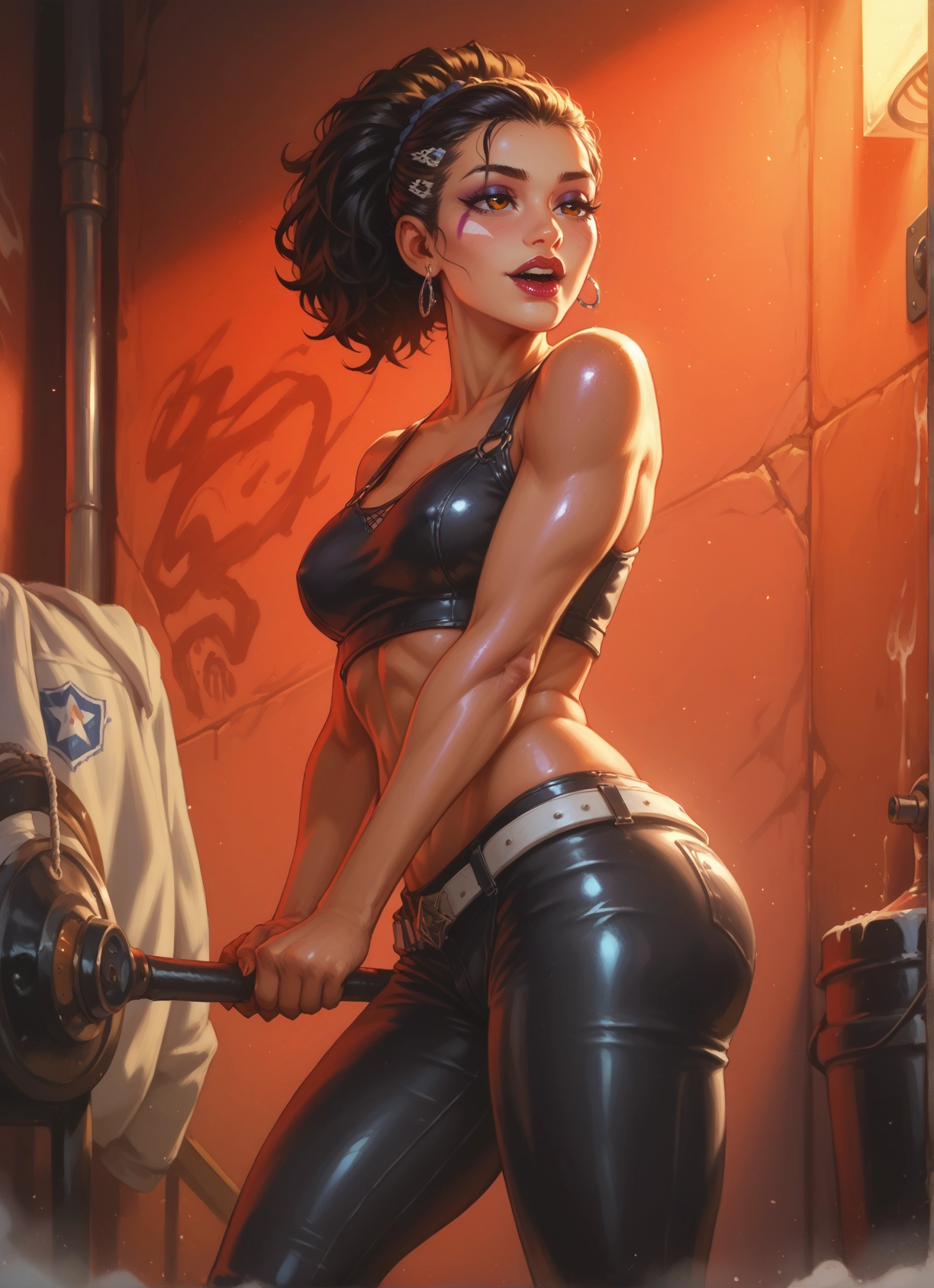 1girl, solo, jewelry, earrings, breasts, pants