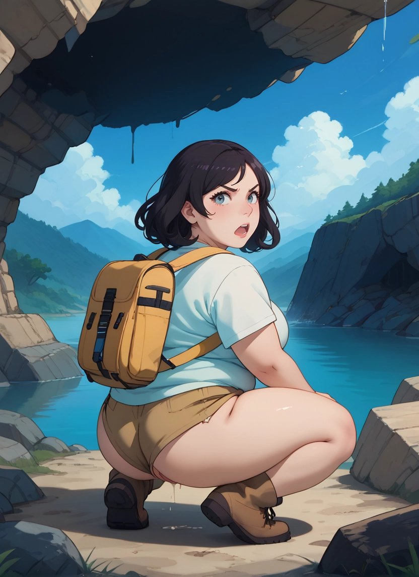 1girl, backpack, ass, solo, squatting, outdoors