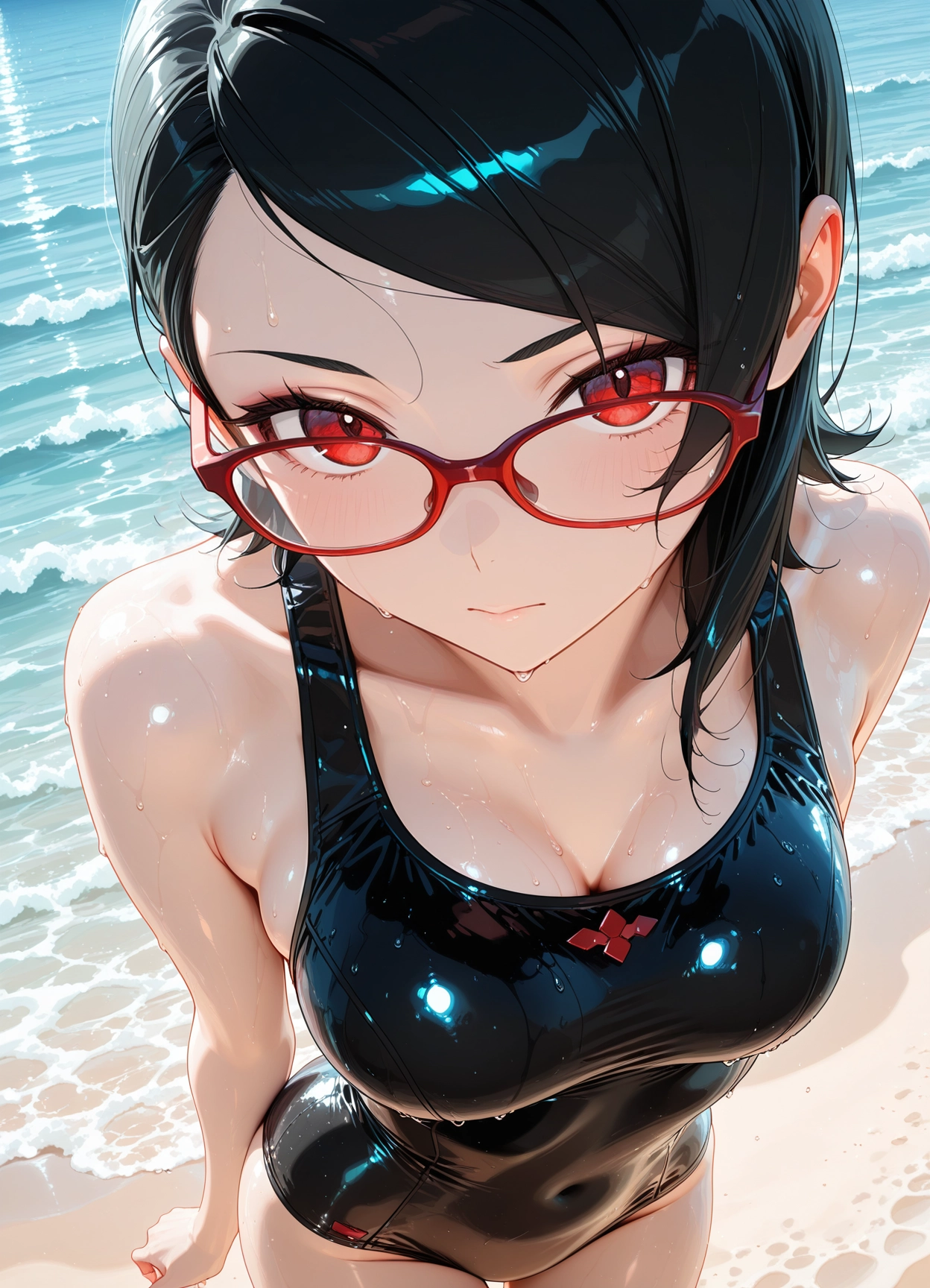 1girl, red-framed eyewear, solo, wet, red eyes, breasts · Yamete.gg