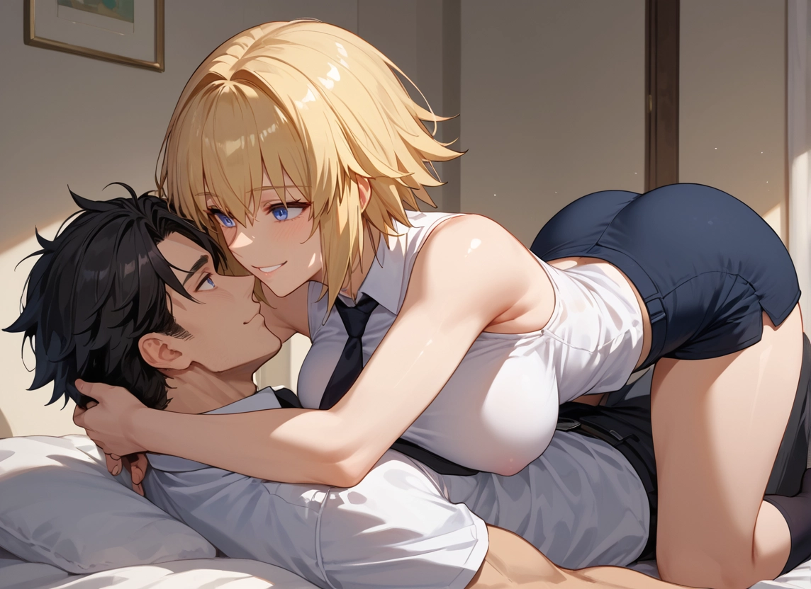 1girl, 1boy, blonde hair, breasts, shorts, blue eyes · Yamete.gg