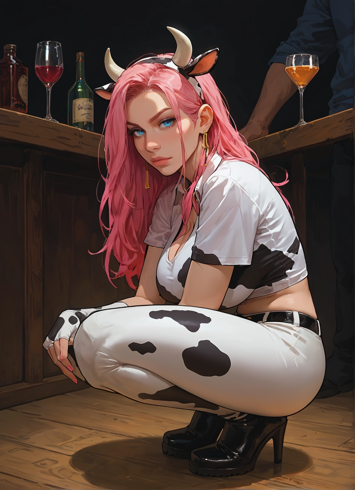 1girl, pink hair, animal print, animal ears, cow print, breasts · Yamete.gg