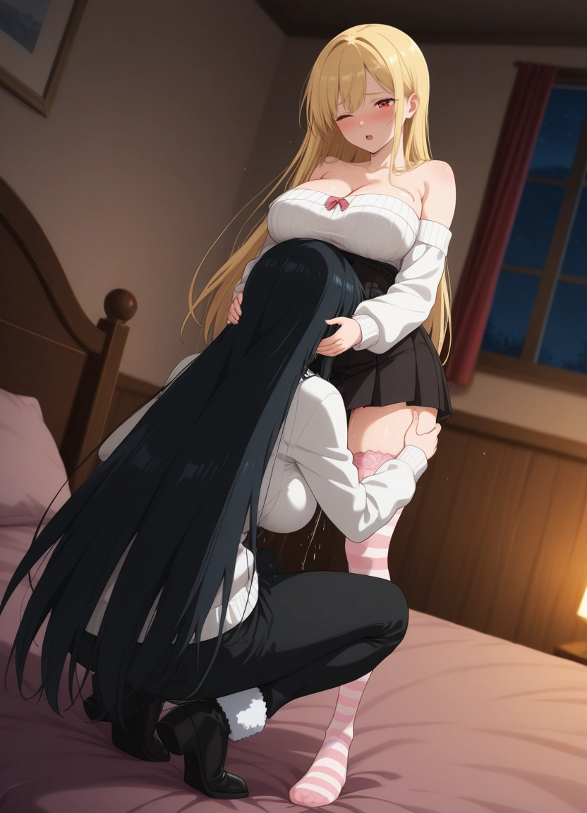 breasts, multiple girls, 2girls, blonde hair, skirt, large breasts
