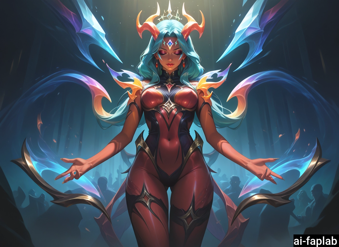 1girl, long hair, breasts, horns, red skin, red eyes · Yamete.gg