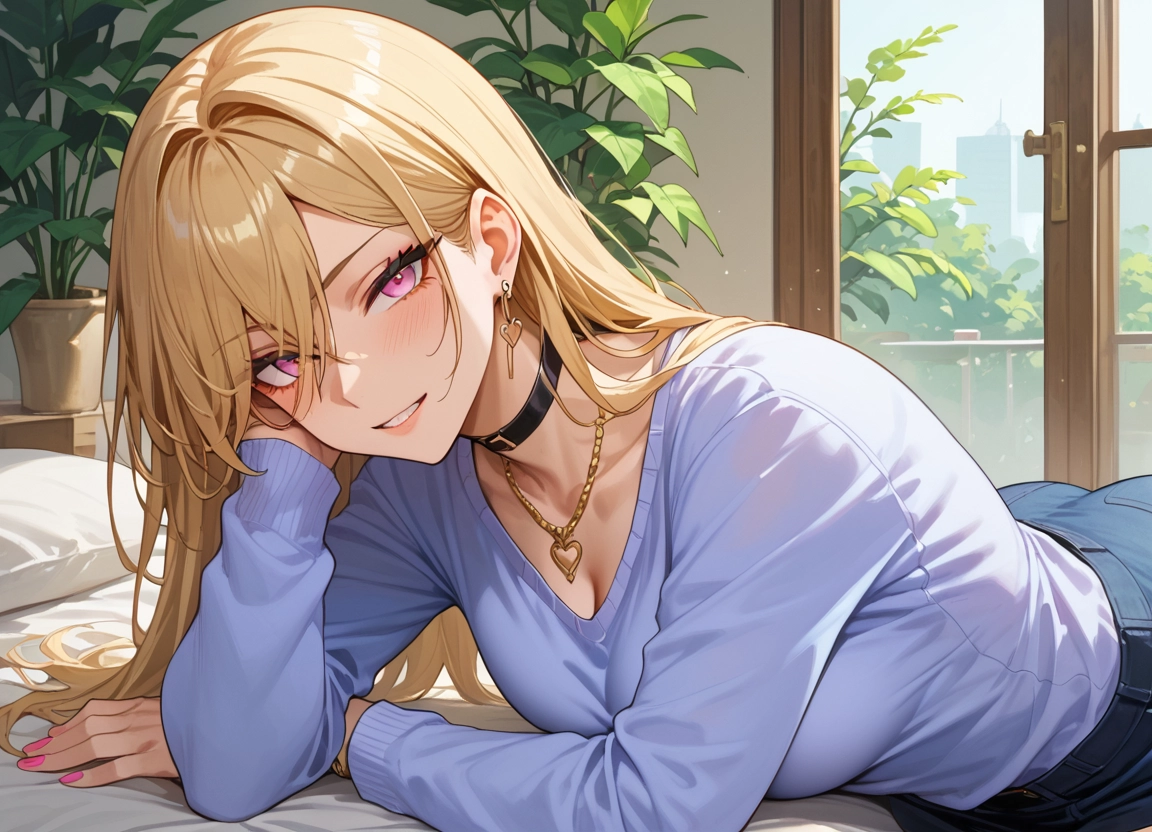 1girl, jewelry, breasts, earrings, blonde hair, smile · Yamete.gg