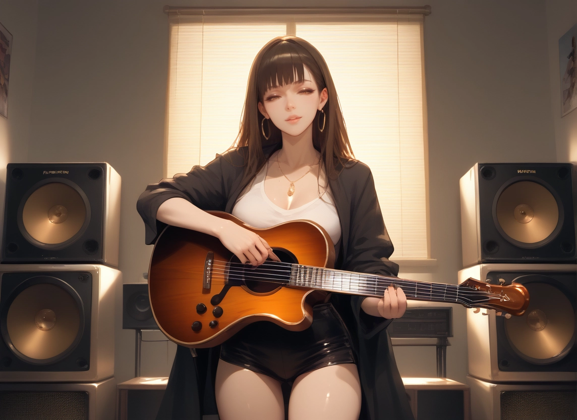 1girl, instrument, jewelry, earrings, breasts, solo · Yamete.gg