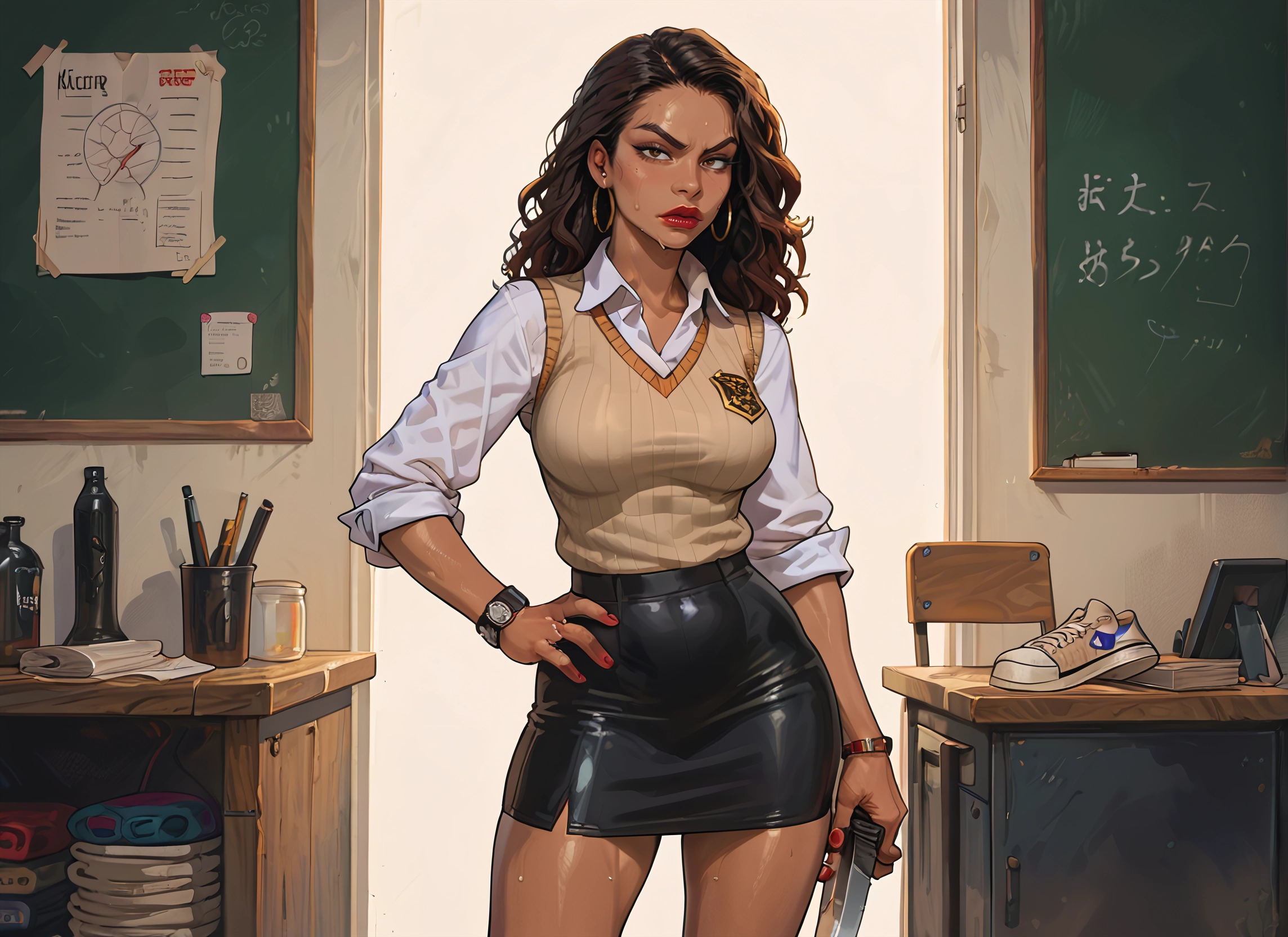 1girl, skirt, jewelry, earrings, watch, solo · Yamete.gg