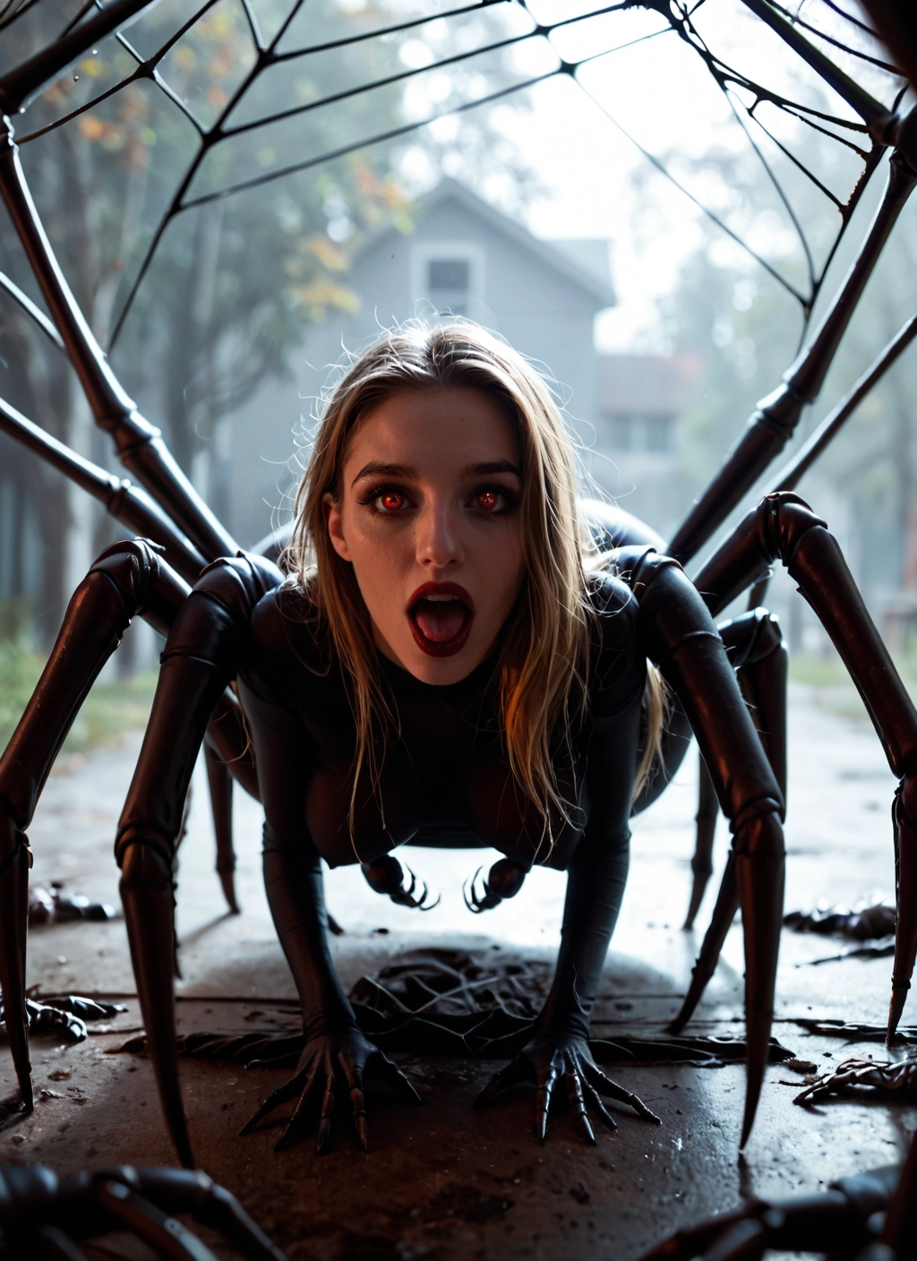 1girl, blonde hair, solo, silk, spider web, arthropod girl