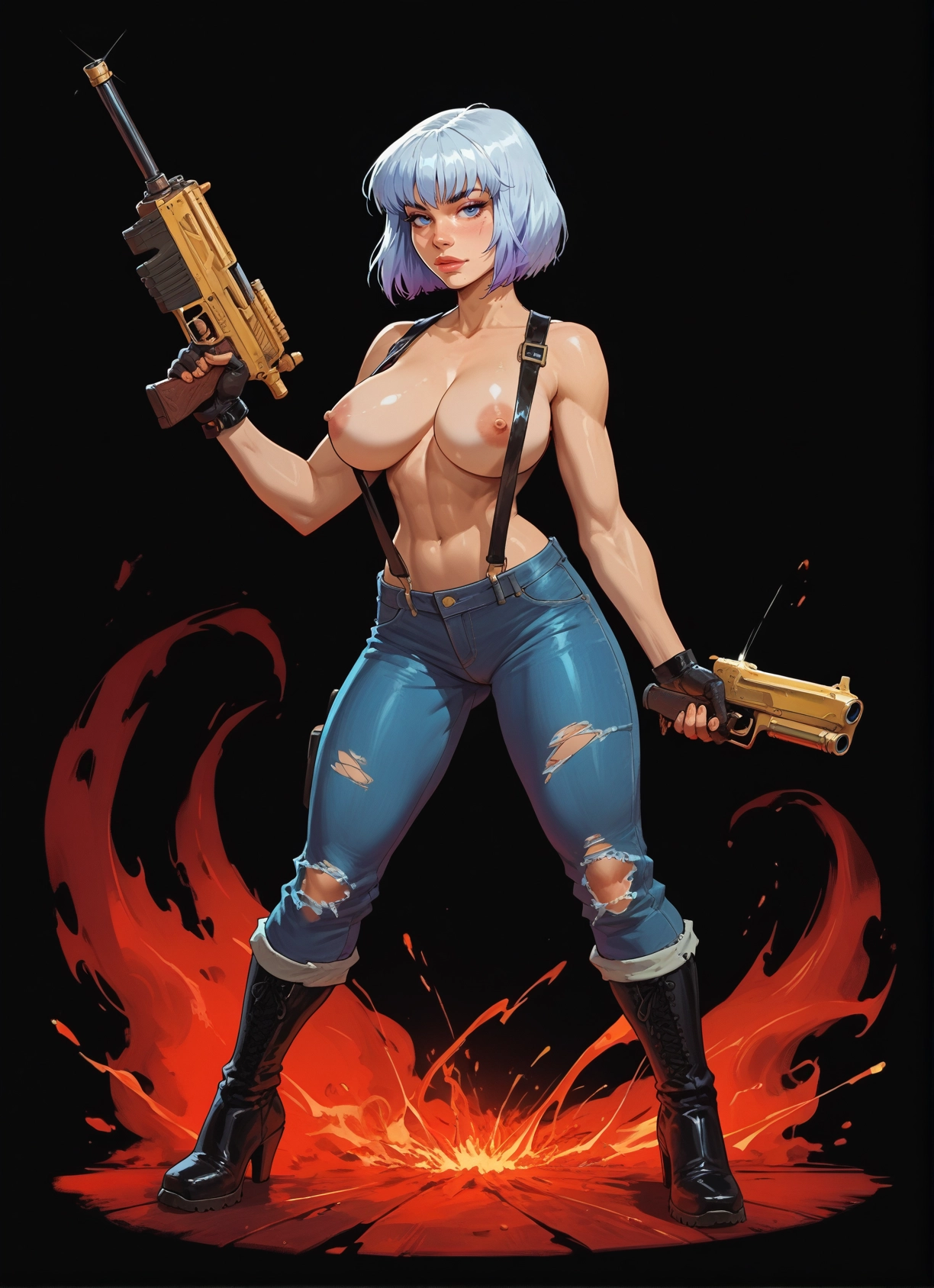 1girl, breasts, weapon, nipples, gun, boots · Yamete.gg
