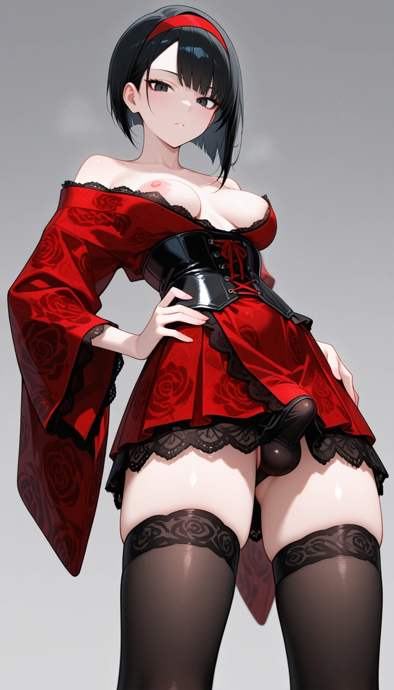 futanari, solo, 1girl, thighhighs, lace trim, breasts · Yamete.gg