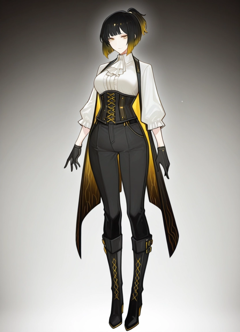 1girl, solo, multicolored hair, shirt, gloves, boots