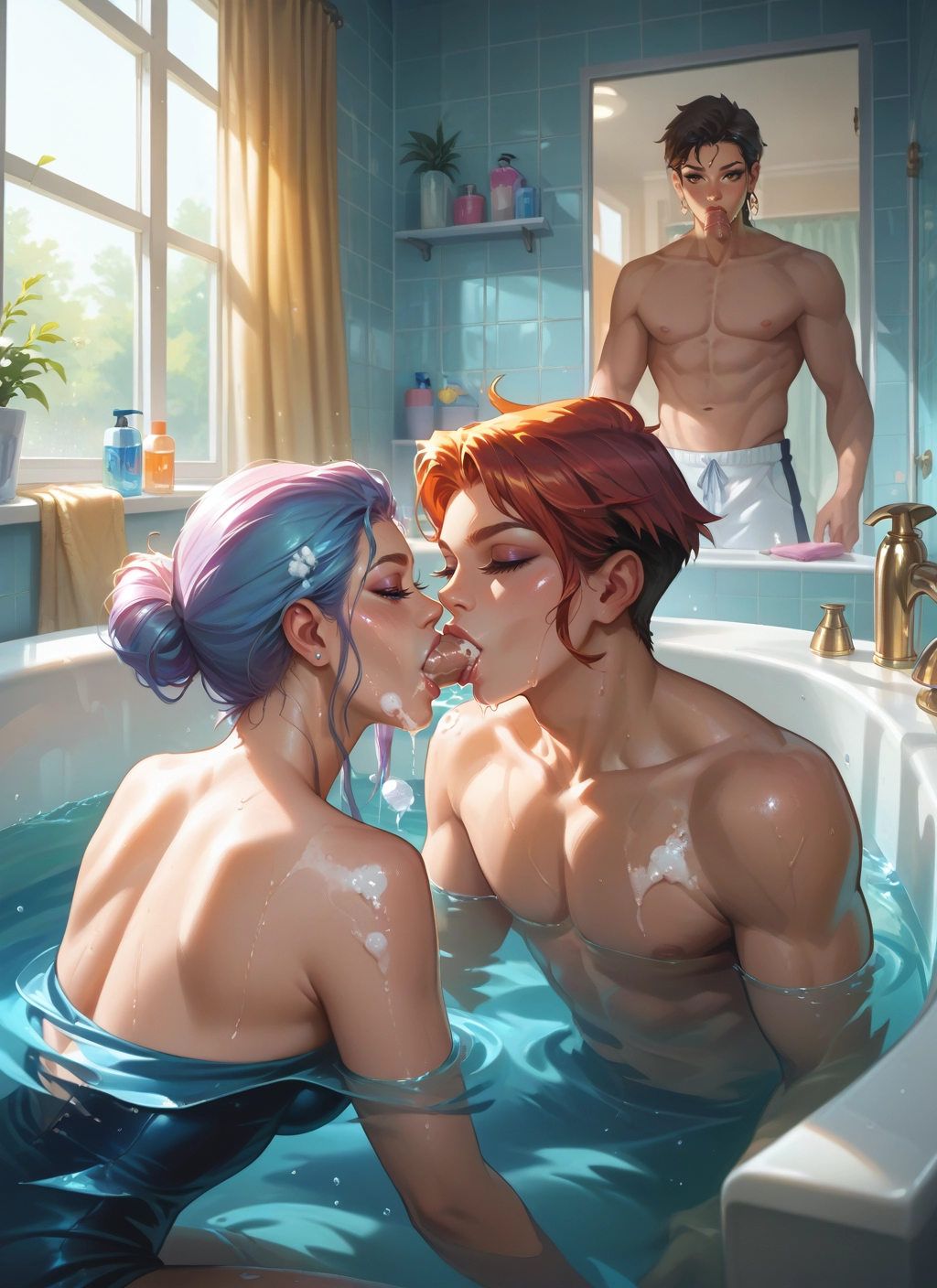 1girl, bathtub, kiss, swimsuit, mixed bathing, closed eyes · Yamete.gg