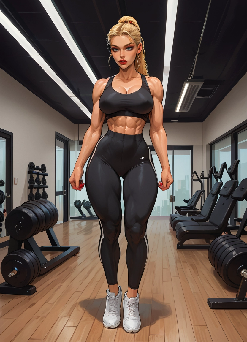 dumbbell, breasts, gym, sneakers, muscular female, abs · Yamete.gg